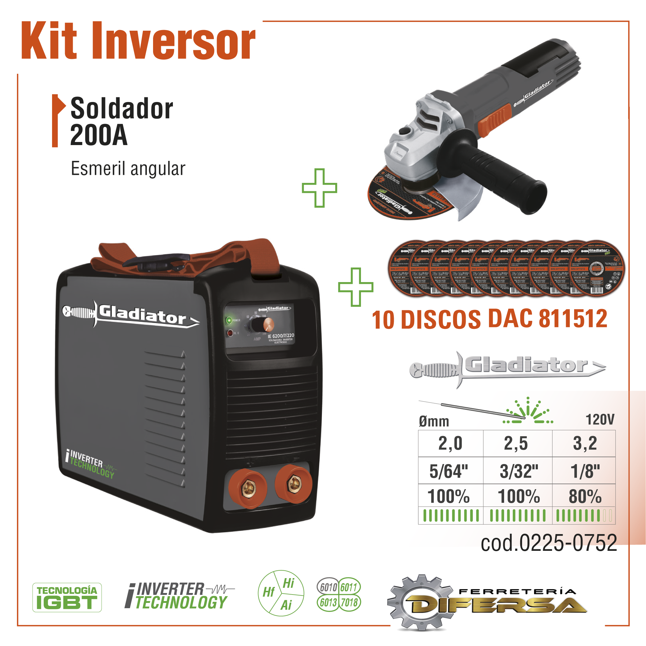 Soldador Inversor 160/200 AMP + Esmeril GLADIADOR